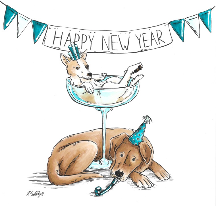 Dogs celebrating New Year's